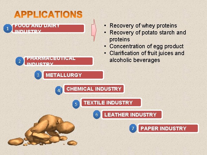 1 • Recovery of whey proteins • Recovery of potato starch and proteins •