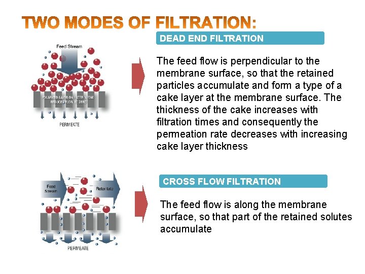 DEAD END FILTRATION The feed flow is perpendicular to the membrane surface, so that