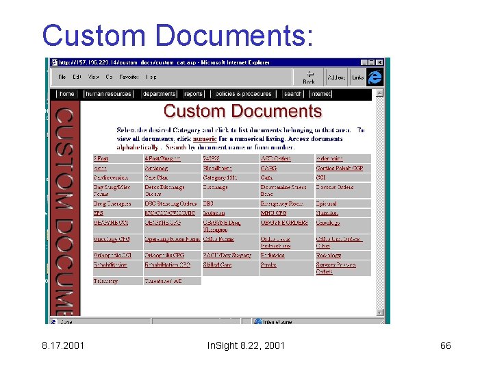 Custom Documents: 8. 17. 2001 In. Sight 8. 22, 2001 66 