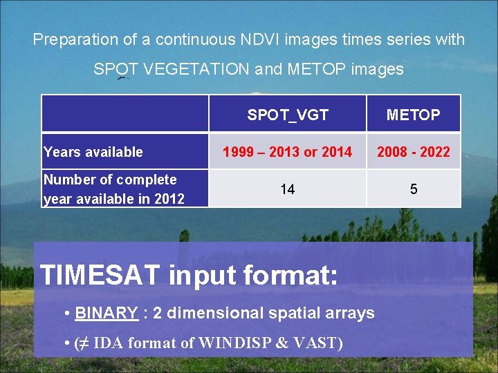 Preparation of a continuous NDVI images times series with SPOT VEGETATION and METOP images