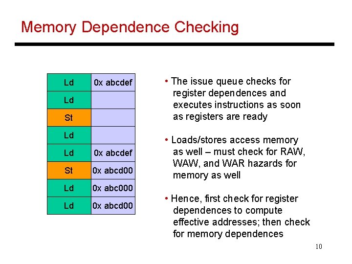 Memory Dependence Checking Ld 0 x abcdef Ld St Ld Ld 0 x abcdef