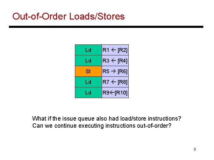 Out-of-Order Loads/Stores Ld R 1 [R 2] Ld R 3 [R 4] St R