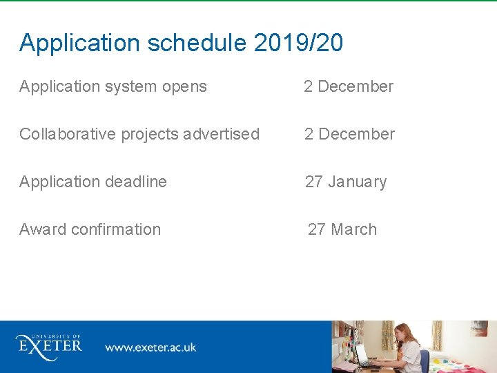 Application schedule 2019/20 Application system opens 2 December Collaborative projects advertised 2 December Application