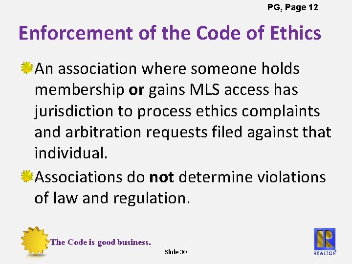 PG, Page 12 Enforcement of the Code of Ethics An association where someone holds
