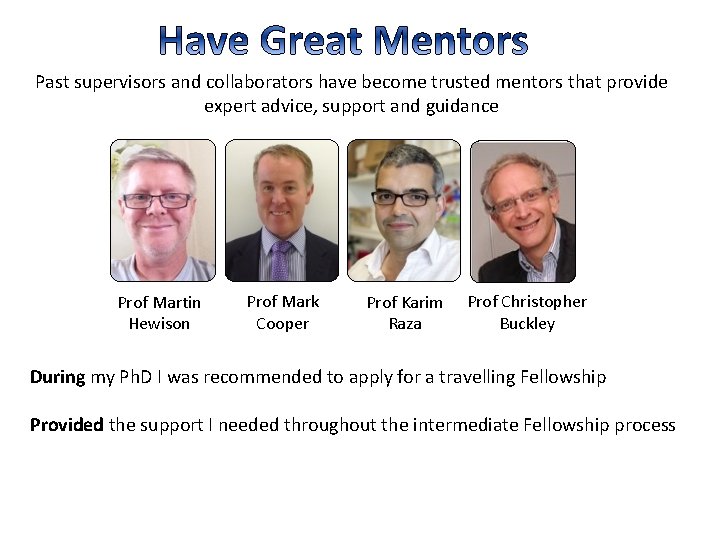 Past supervisors and collaborators have become trusted mentors that provide expert advice, support and Past supervisors and collaborators have become trusted mentors that provide expert advice, support and