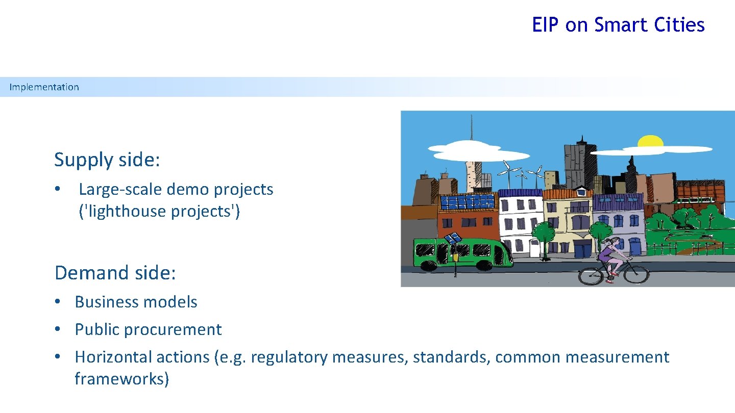 EIP on Smart Cities Charter Implementation Supply side: • Large-scale demo projects ('lighthouse projects')