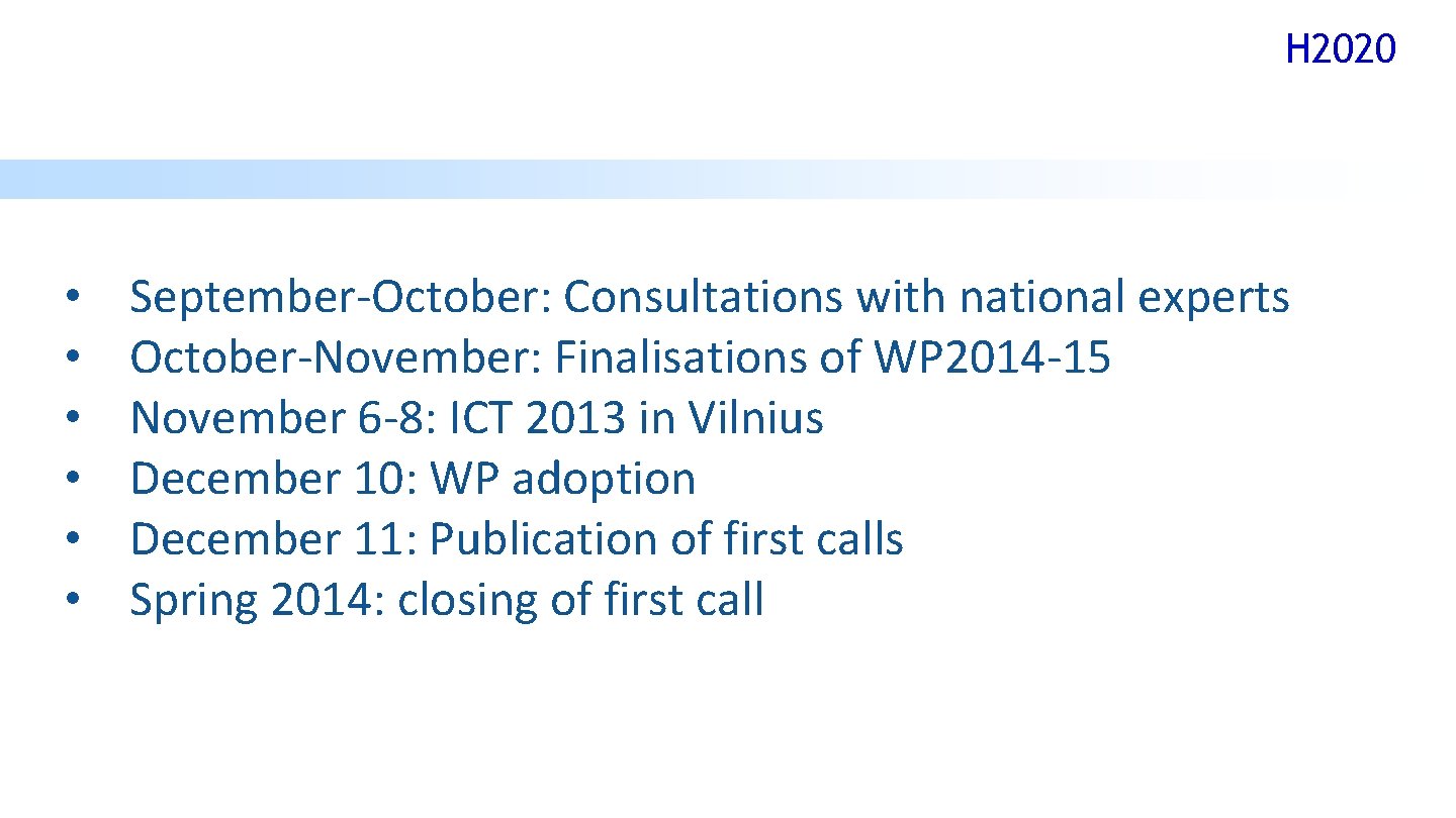 H 2020 Charter • • • September-October: Consultations with national experts October-November: Finalisations of