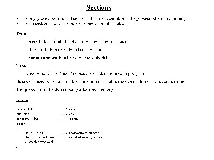 Sections • • Every process consists of sections that are accessible to the process