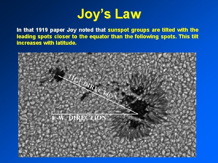 Joy’s Law In that 1919 paper Joy noted that sunspot groups are tilted with