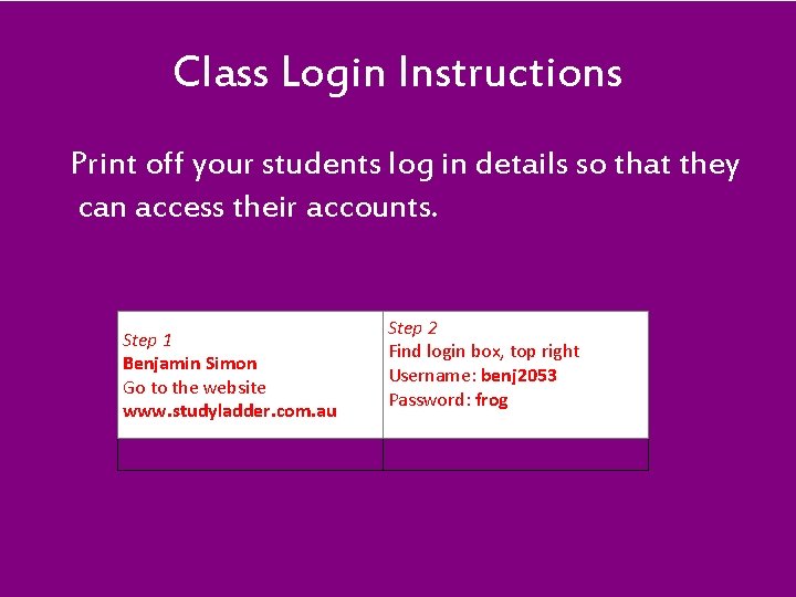 Class Login Instructions Print off your students log in details so that they can