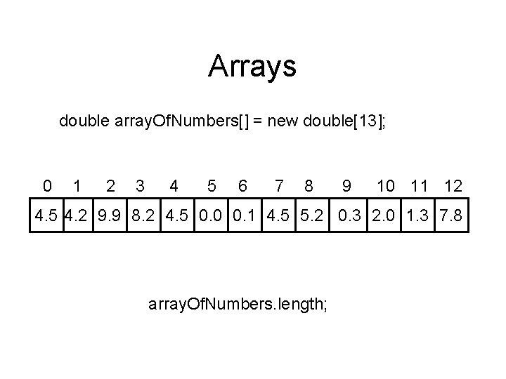 Arrays double array. Of. Numbers[] = new double[13]; 0 1 2 3 4 5