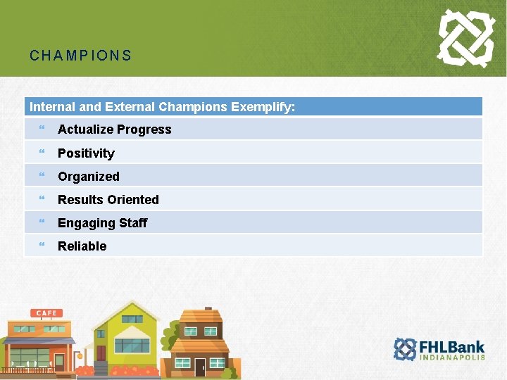 CHAMPIONS Internal and External Champions Exemplify: } Actualize Progress } Positivity } Organized }