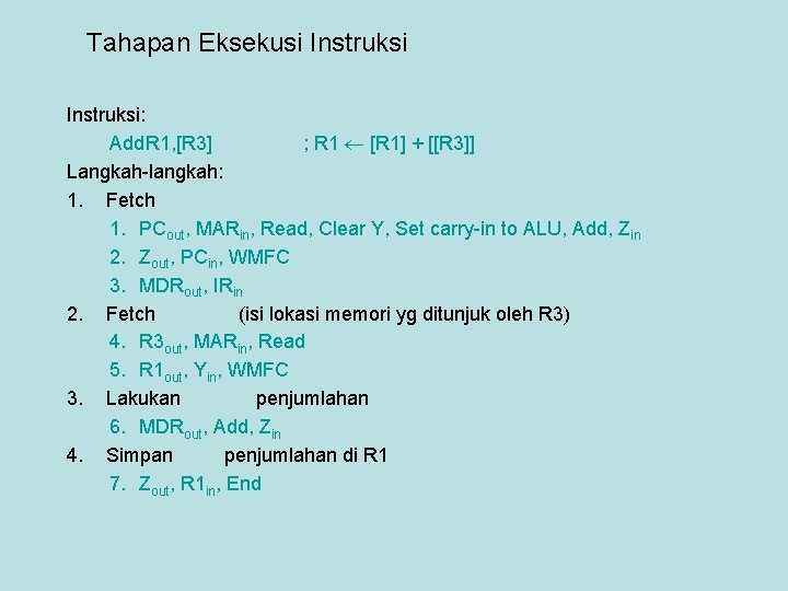 Tahapan Eksekusi Instruksi: Add. R 1, [R 3] ; R 1 [R 1] +