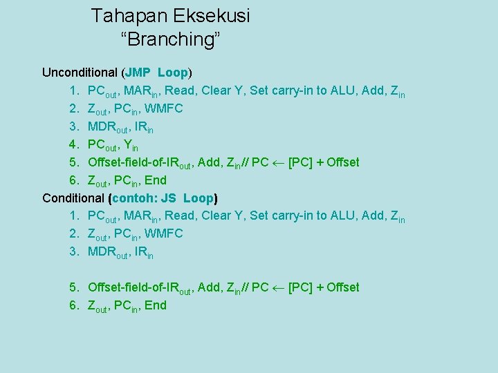 Tahapan Eksekusi “Branching” Unconditional (JMP Loop) 1. PCout, MARin, Read, Clear Y, Set carry-in
