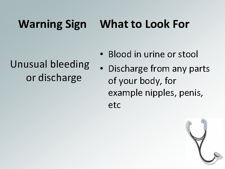 Warning Sign What to Look For • Blood in urine or stool Unusual