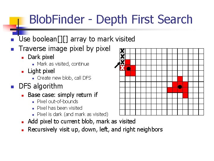 Blob. Finder - Depth First Search n n Use boolean[][] array to mark visited