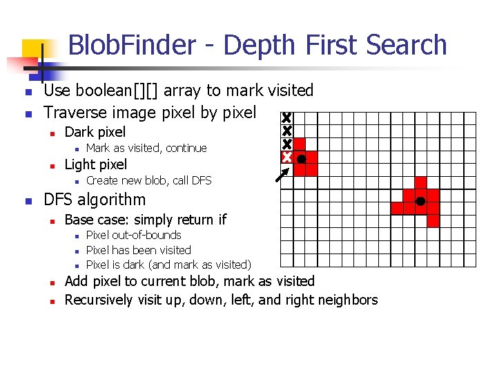 Blob. Finder - Depth First Search n n Use boolean[][] array to mark visited