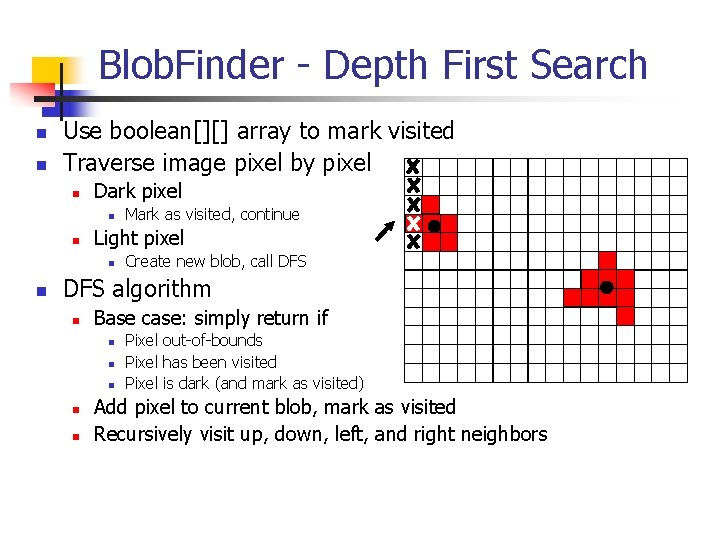 Blob. Finder - Depth First Search n n Use boolean[][] array to mark visited