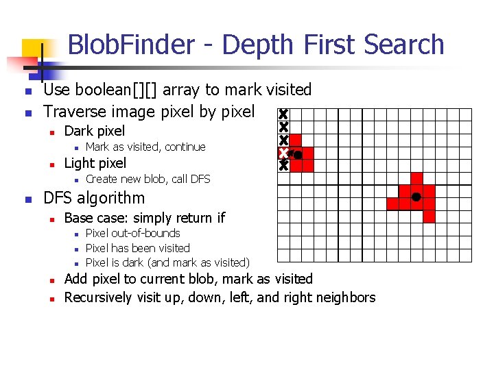 Blob. Finder - Depth First Search n n Use boolean[][] array to mark visited