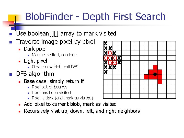 Blob. Finder - Depth First Search n n Use boolean[][] array to mark visited