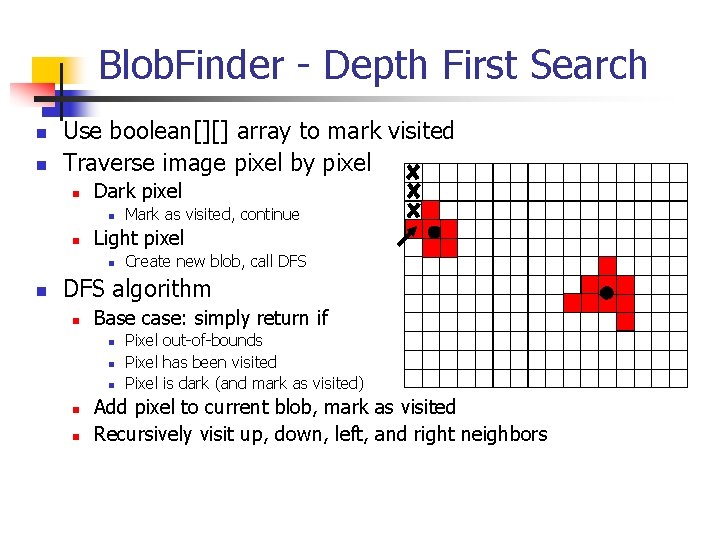 Blob. Finder - Depth First Search n n Use boolean[][] array to mark visited