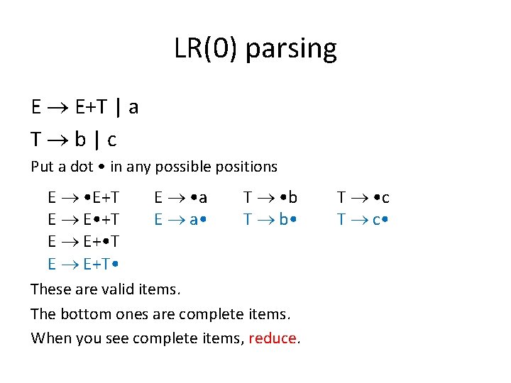 LR(0) parsing E E+T | a T b|c Put a dot • in any