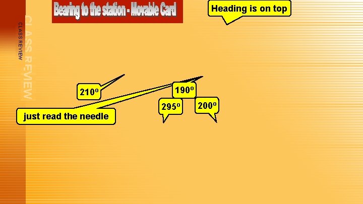 Heading is on top CLASS REVIEW 210º just read the needle 190º 295º 200º