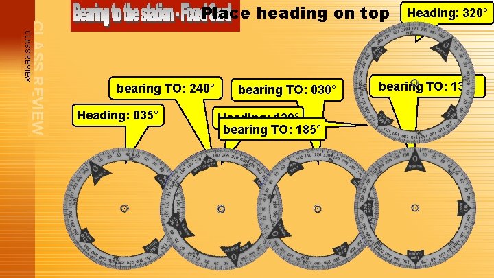 CLASS REVIEW Place heading on top bearing TO: 240° Heading: 035° bearing TO: 030°