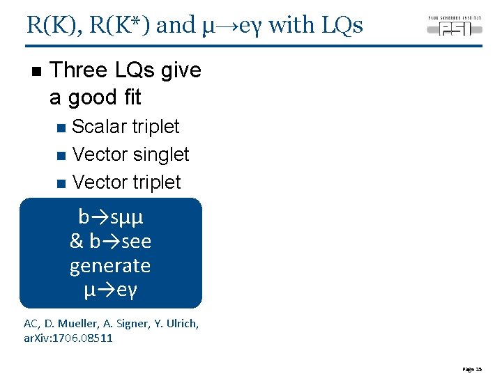 R(K), R(K*) and μ→eγ with LQs n Three LQs give a good fit Scalar