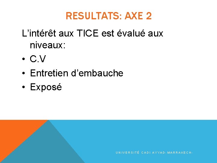 RESULTATS: AXE 2 L’intérêt aux TICE est évalué aux niveaux: • C. V •