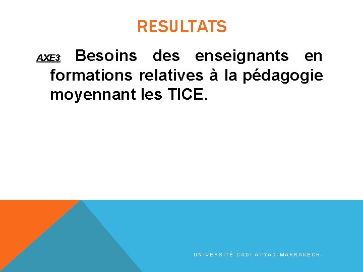 RESULTATS Besoins des enseignants en formations relatives à la pédagogie moyennant les TICE. AXE