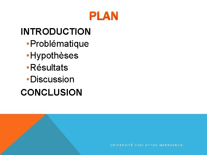 PLAN INTRODUCTION • Problématique • Hypothèses • Résultats • Discussion CONCLUSION UNIVERSITÉ CADI AYYAD-MARRAKECH-