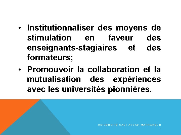  • Institutionnaliser des moyens de stimulation en faveur des enseignants-stagiaires et des formateurs;