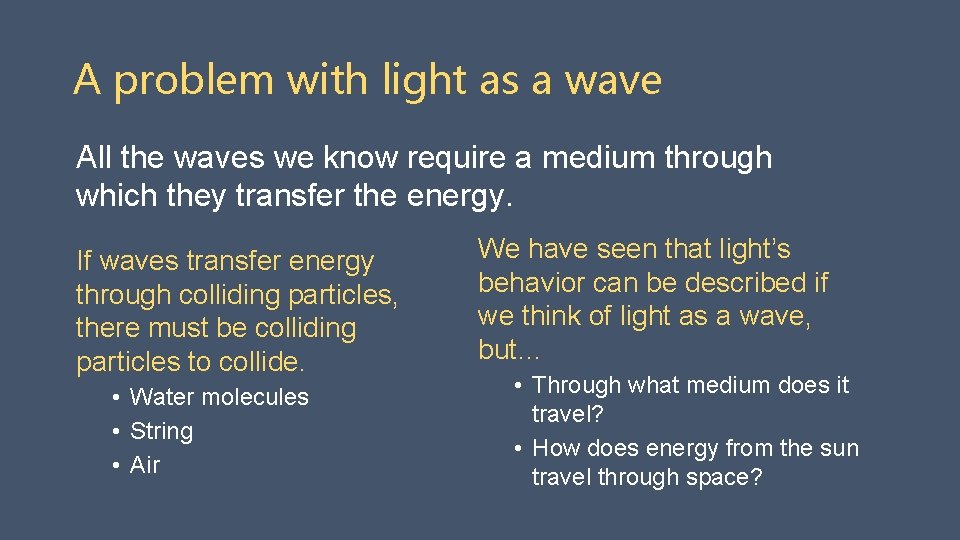 A problem with light as a wave All the waves we know require a