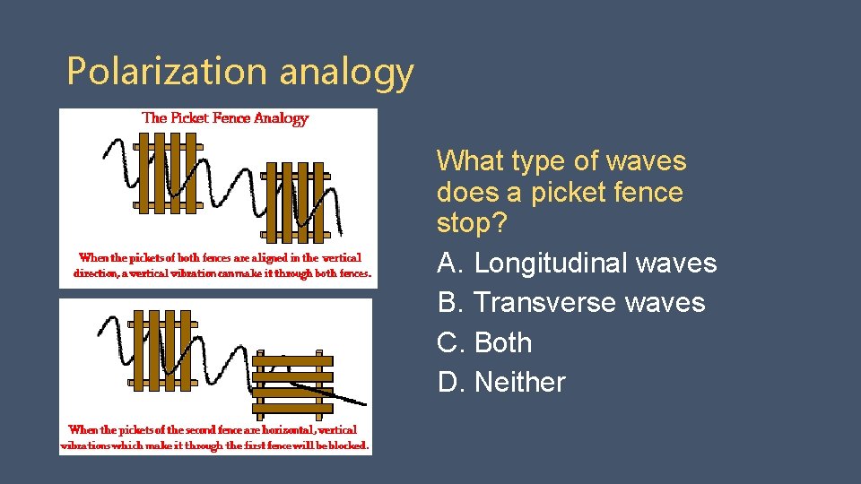 Polarization analogy What type of waves does a picket fence stop? A. Longitudinal waves
