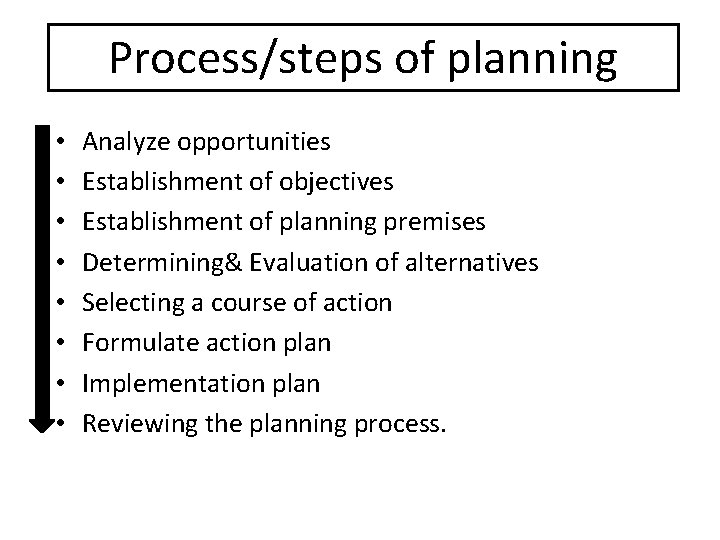 Process/steps of planning • • Analyze opportunities Establishment of objectives Establishment of planning premises