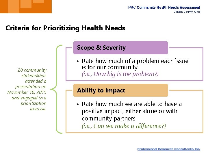 PRC Community Health Needs Assessment Clinton County, Ohio Criteria for Prioritizing Health Needs Scope