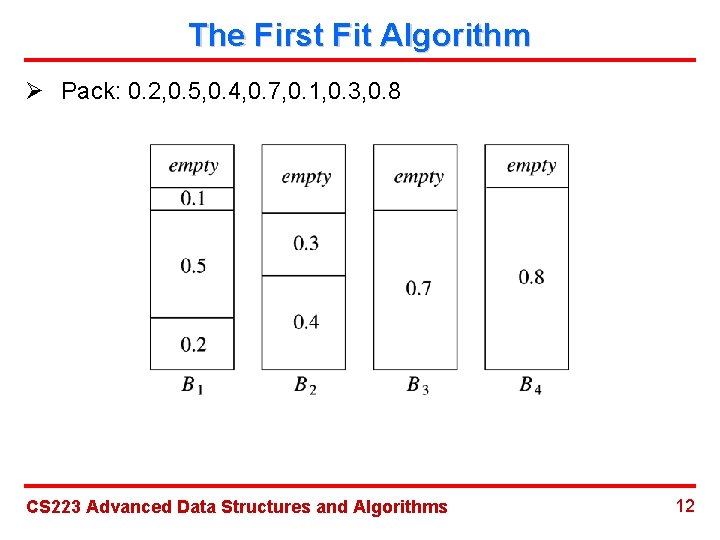 The First Fit Algorithm Ø Pack: 0. 2, 0. 5, 0. 4, 0. 7,