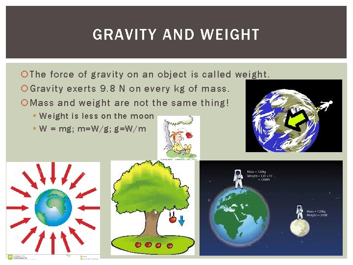 GRAVITY AND WEIGHT The force of gravity on an object is called weight. Gravity