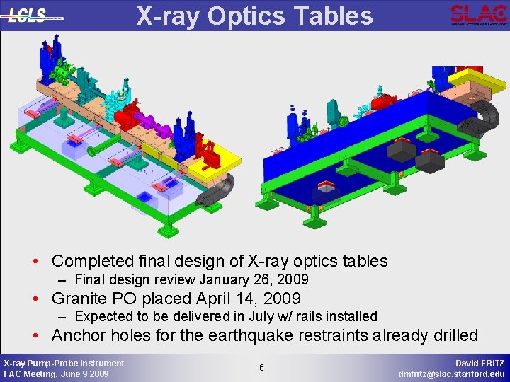 X-ray Optics Tables • Completed final design of X-ray optics tables – Final design