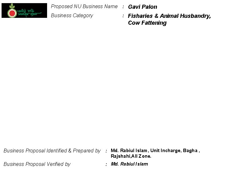 Proposed NU Business Name : Gavi Palon Business Category : Fisharies & Animal Husbandry,