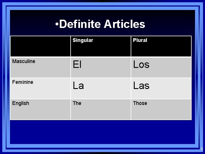  • Definite Articles Singular Plural Masculine El Los Feminine La Las English The