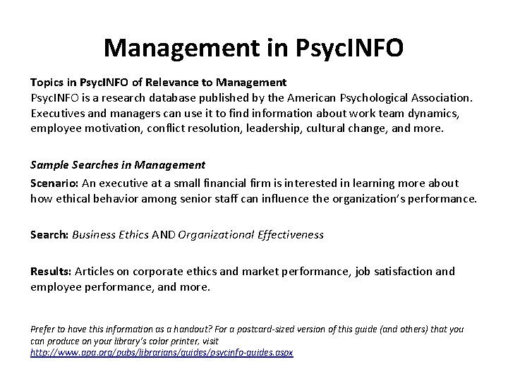 Management in Psyc. INFO Topics in Psyc. INFO of Relevance to Management Psyc. INFO