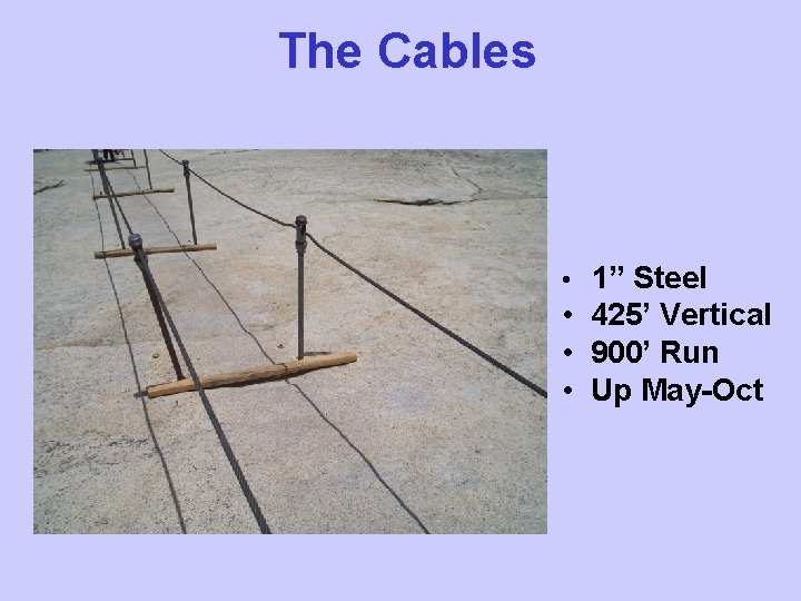 The Cables • 1” Steel • 425’ Vertical • 900’ Run • Up May-Oct