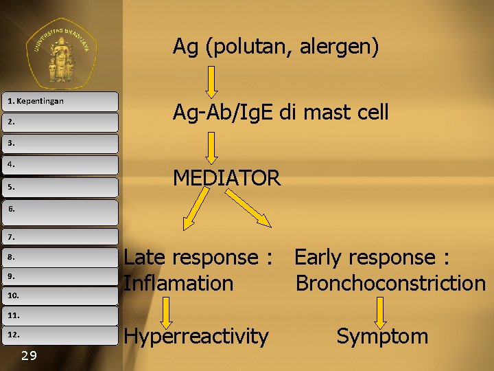 Ag (polutan, alergen) 1. Kepentingan 2. Ag-Ab/Ig. E di mast cell 3. 4. MEDIATOR