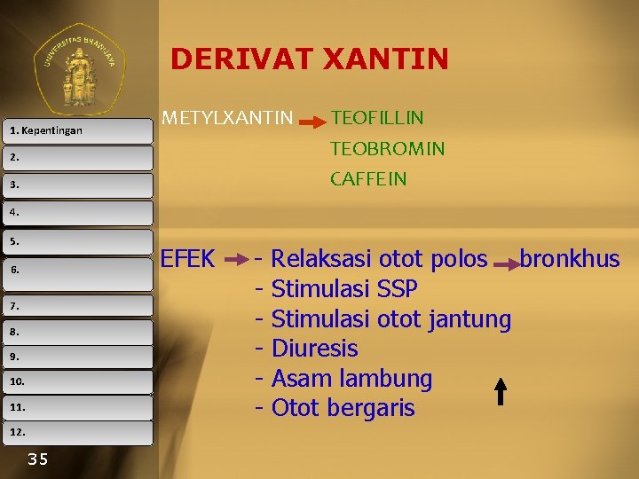DERIVAT XANTIN 1. Kepentingan METYLXANTIN 2. 3. TEOFILLIN TEOBROMIN CAFFEIN 4. 5. EFEK 6.