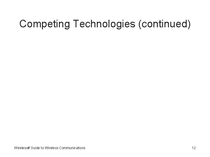 Competing Technologies (continued) Wireless# Guide to Wireless Communications 12 