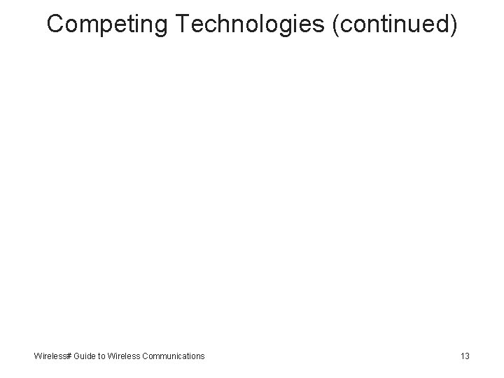 Competing Technologies (continued) Wireless# Guide to Wireless Communications 13 