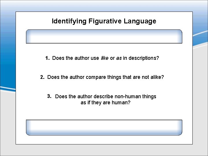 Identifying Figurative Language 1. Does the author use like or as in descriptions? 2.