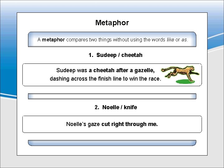 Metaphor A metaphor compares two things without using the words like or as. 1.